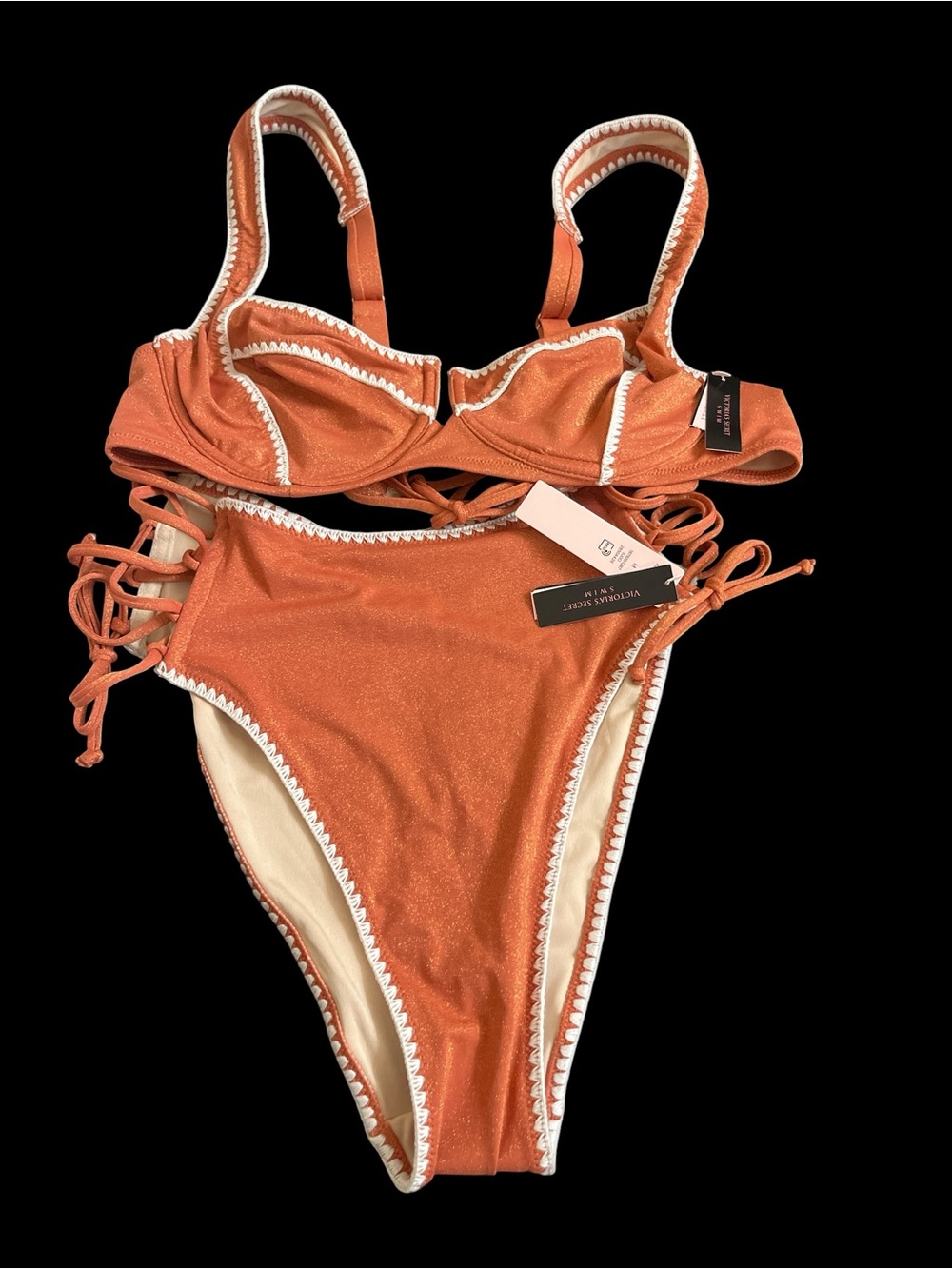Victoria Secret Rust Orange High-Waist Lace-Up Bikini Set 38 B Top/Medium Bottom - Picture 7 of 7